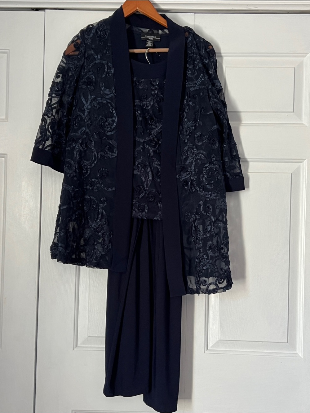 R&M Richards Navy Embroidered 3-Piece Pantsuit Set
